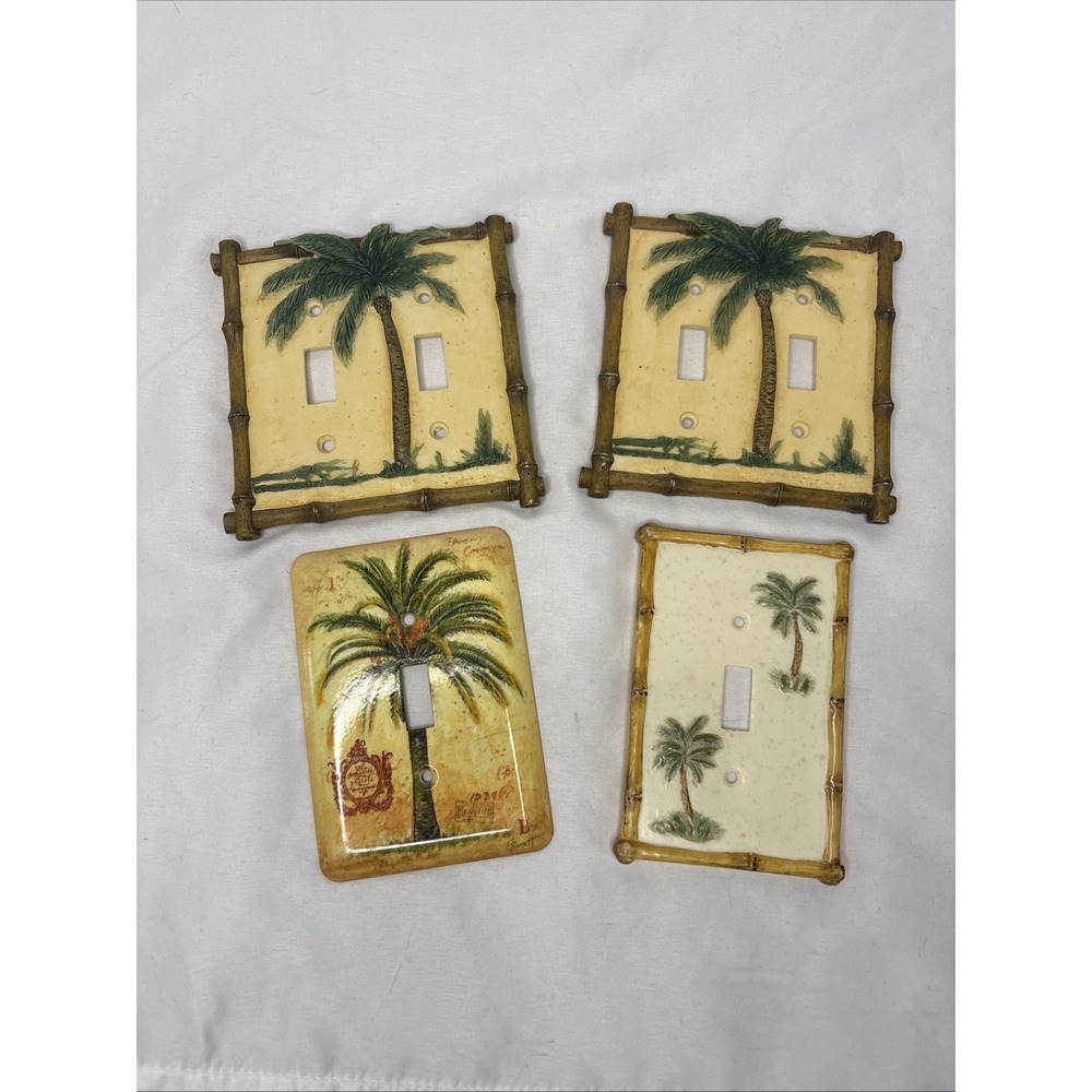 Vtg Tropical‎ Palm Tree Light Switch Plate Covers Set Of 4 Faux Bamboo Island